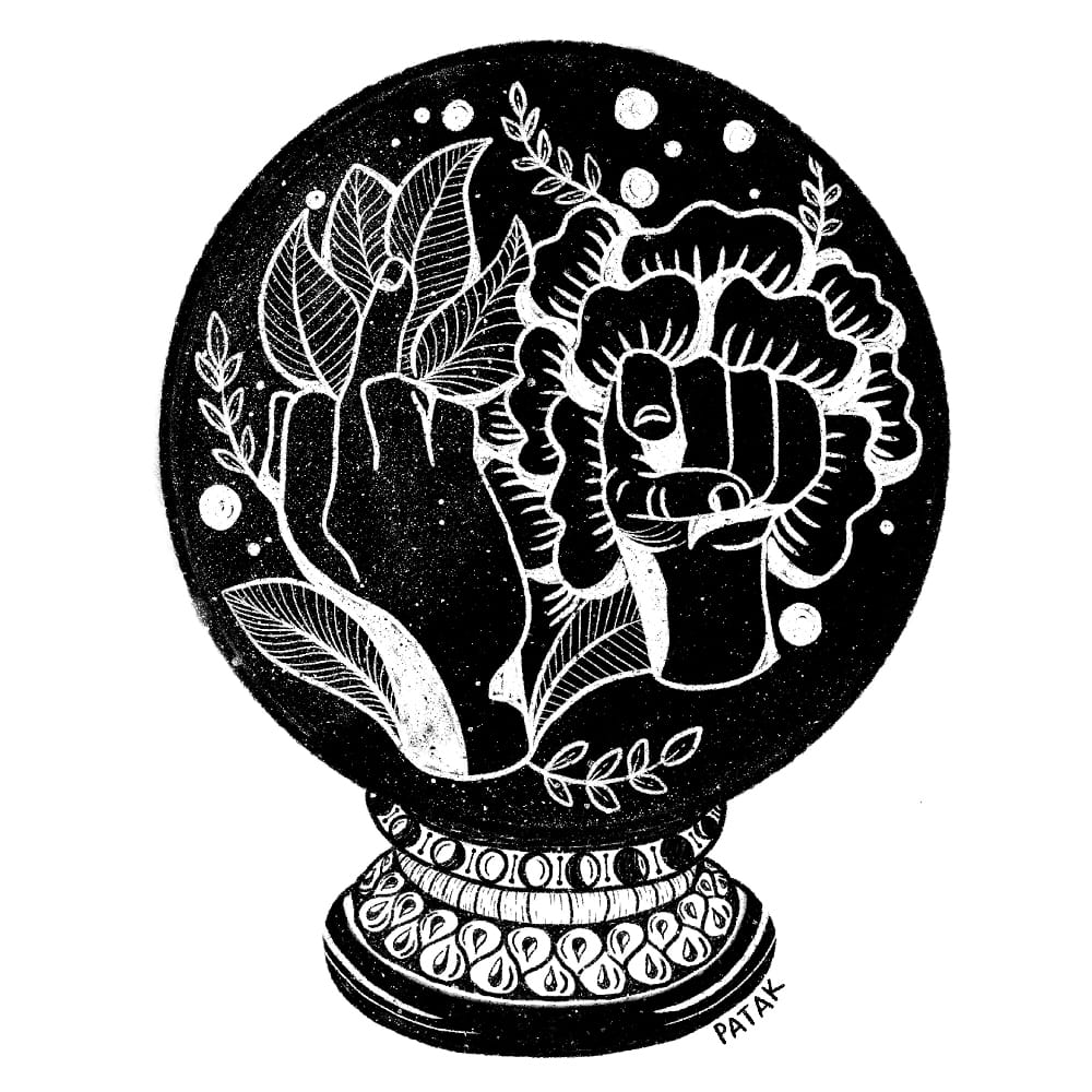 Digital illustration of a magic bowl showing flowers and hands.