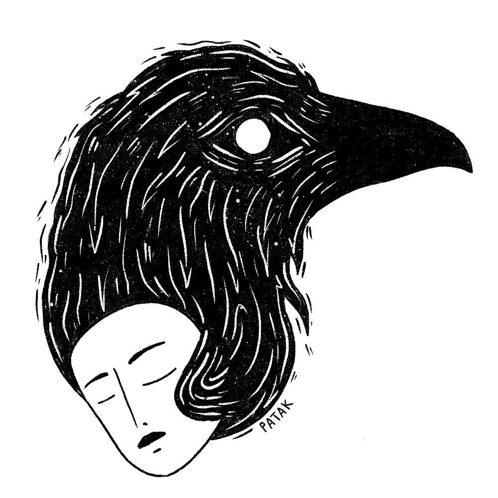 Digital illustration of a hear becoming the head of a raven.