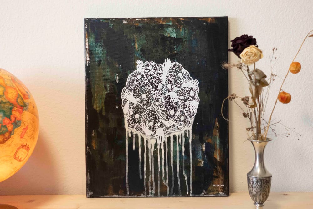 Painting named "No Name", representing a group of heads.