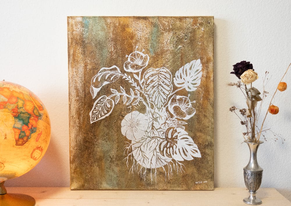 Painting named "Guts", representing flowers growing in the fissures.