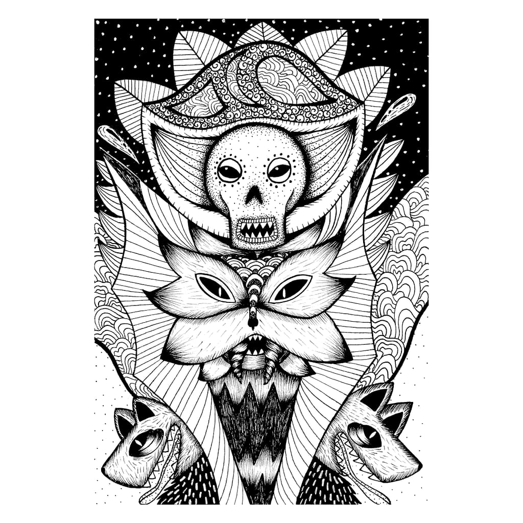 Illustration done on paper, representing a totem with different creatures.