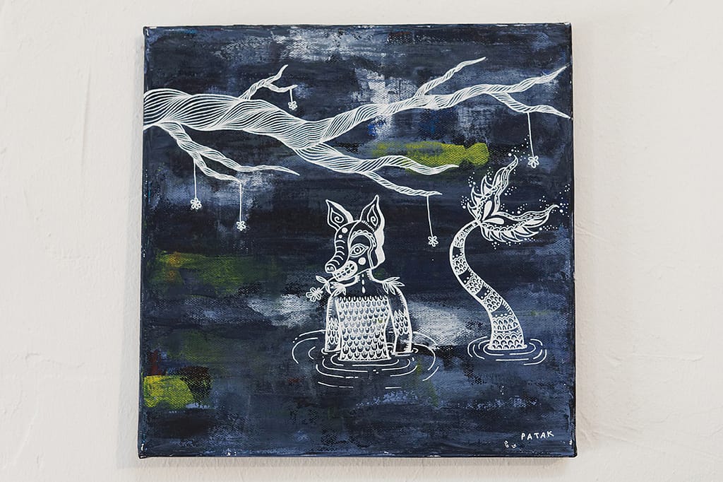 Painting representing a creature coming out of the water.