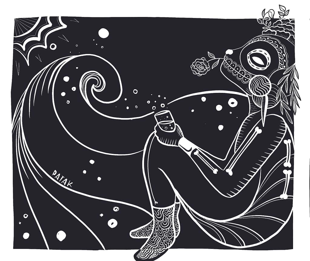 Illustration made digitally representing a masqued creature looking at the sea.