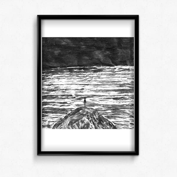 Indian ink illustration of a person standing on cliffs, in front of the sea.