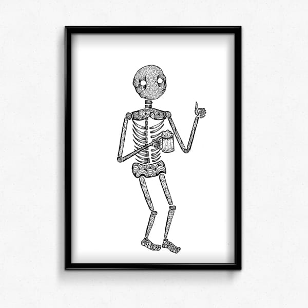 Indian ink illustration of a skeleton drinking a beer.