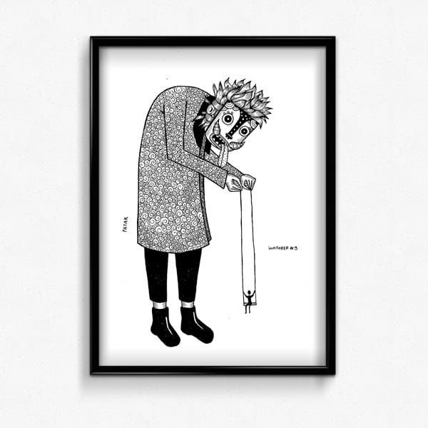 Indian ink illustration of a character holding a swing.