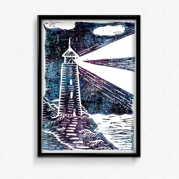 Lino cut print of a lighthouse.