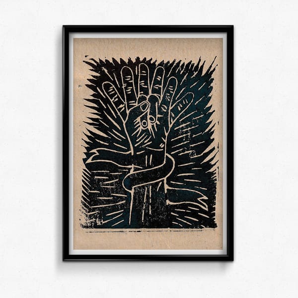 Lino cut print of a hand.