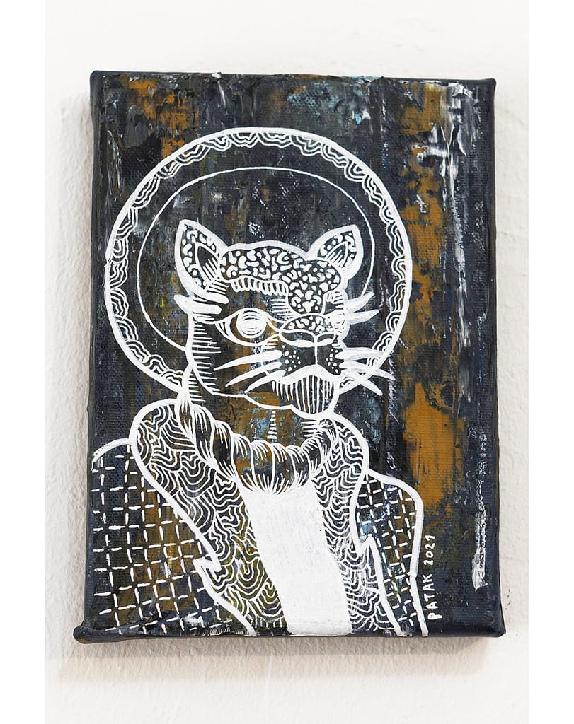Painting representing a Leopardo wearing human clothes, on a gray background.