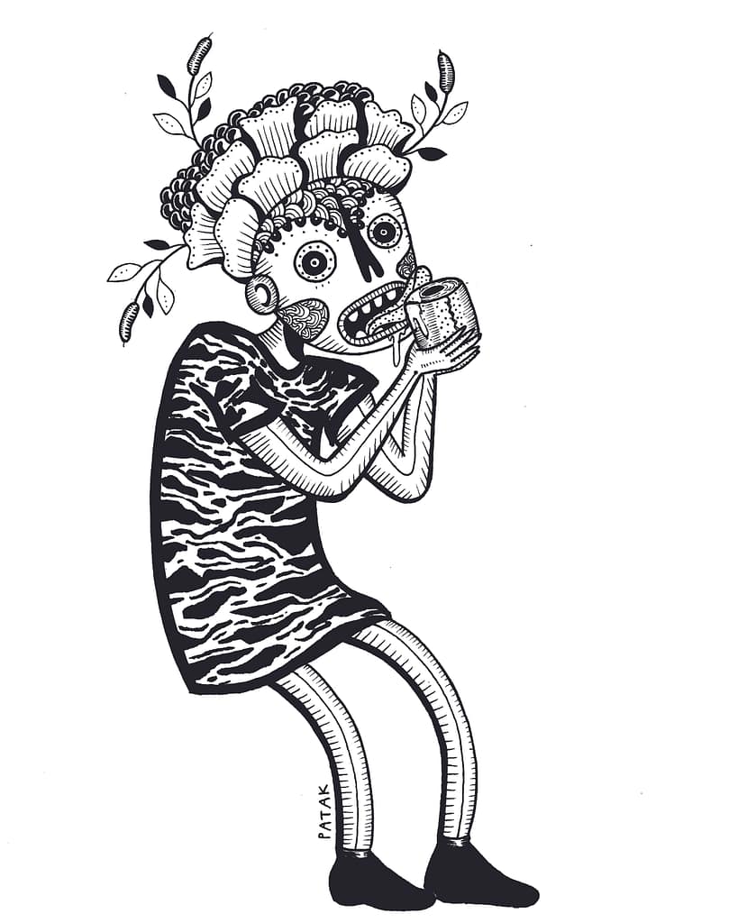 Illustration made on paper, representing a creature that licks the toilet paper.